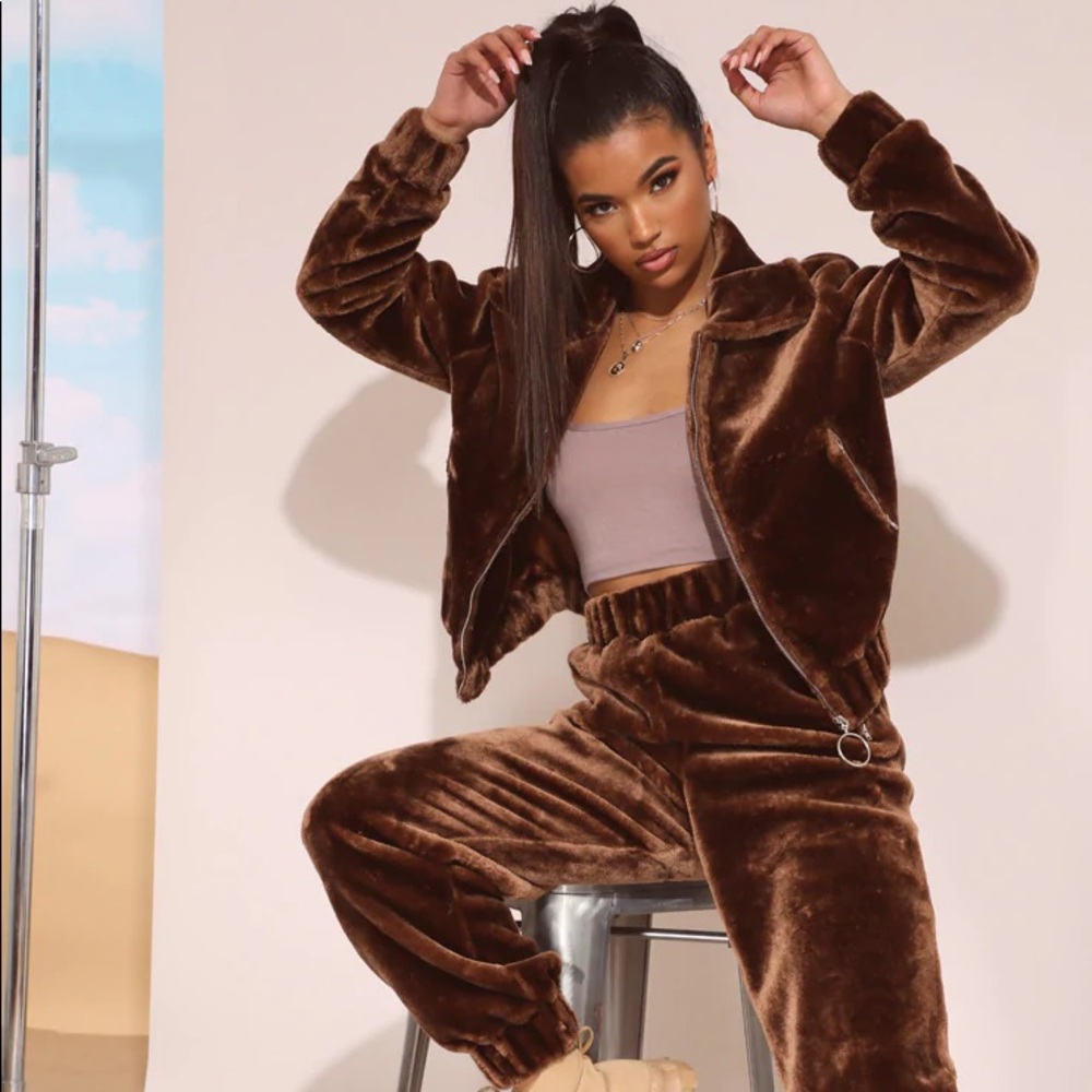 Chocolate Brown Faux Fur Jogger Set
